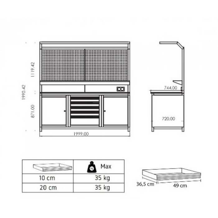 Work Bench 5 Drawer + 2 Side Shelf + 1 Board