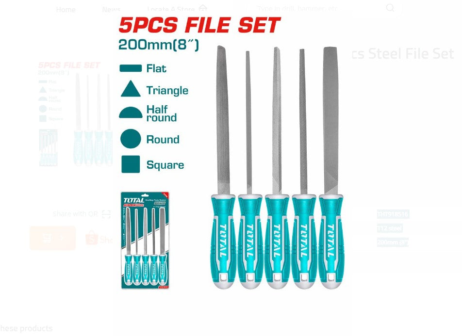 TOTAL -  5 Pcs Steel File Set - طقم مبرد حديد يد فيبر كبير 5 قطعة 8 انش