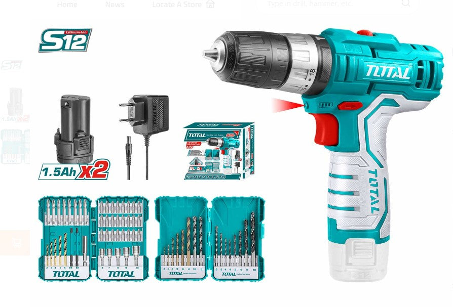 TOTAL Li-ion Impact Drill دريل بطاريتين 12 فولت حف مع طقم ريش 16 قطعة  وطقم مشكل 25 قطعة