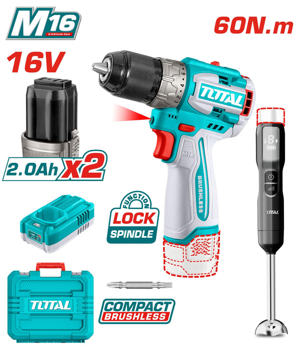 total Cordless 2 pcs combo kit طقم بطارية 16 فولت درل بطارية فك وربط 60ن مع لقمة وبراغي وخلاط يدوي