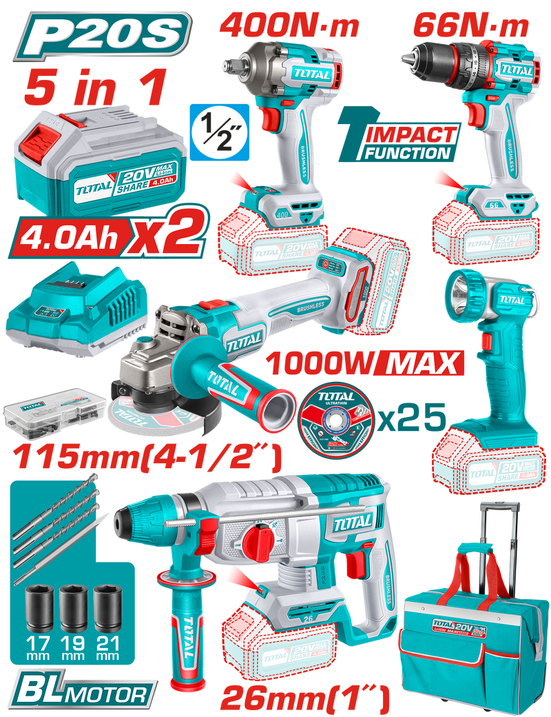 TOTAL Cordless 5 Pcs Combo Kit – 20V Brushless Power Tools