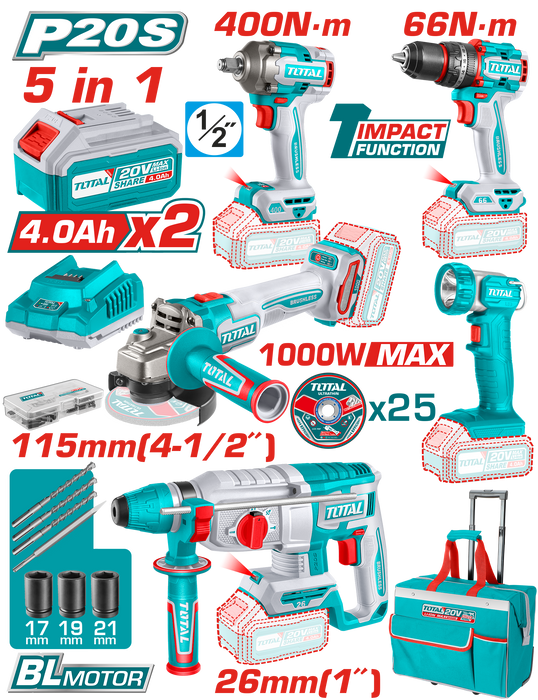 TOTAL Cordless 5 Pcs Combo Kit – 20V Brushless Power Tools