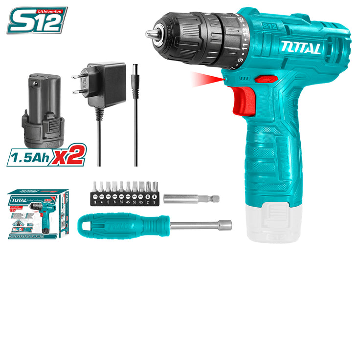 TOTAL Li-ion Cordless Drill دريل بطاريتين 12 فولت ربط مع مفك راس حبه مع رؤوس مفك