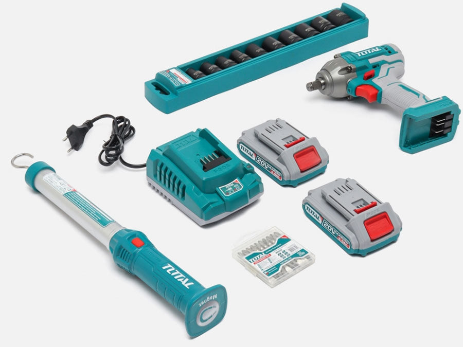 TOTAL Li-ion Cordless  Combo Kit   طقم درل كفرات20فولت طقم حبوب قصير نص  كشاف لقمة براغي وتحويلة