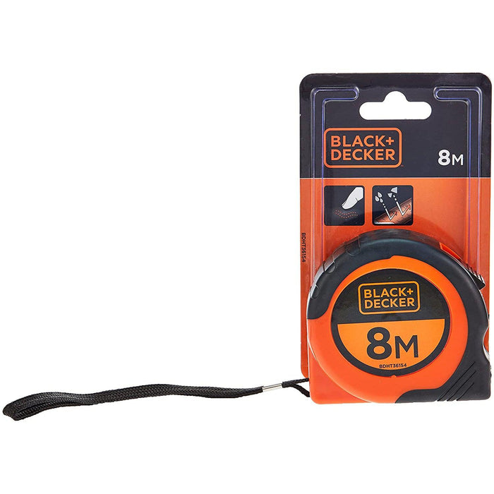 Black+Decker 8x25mm Bimaterial Short Measuring Tape, Orange/Black