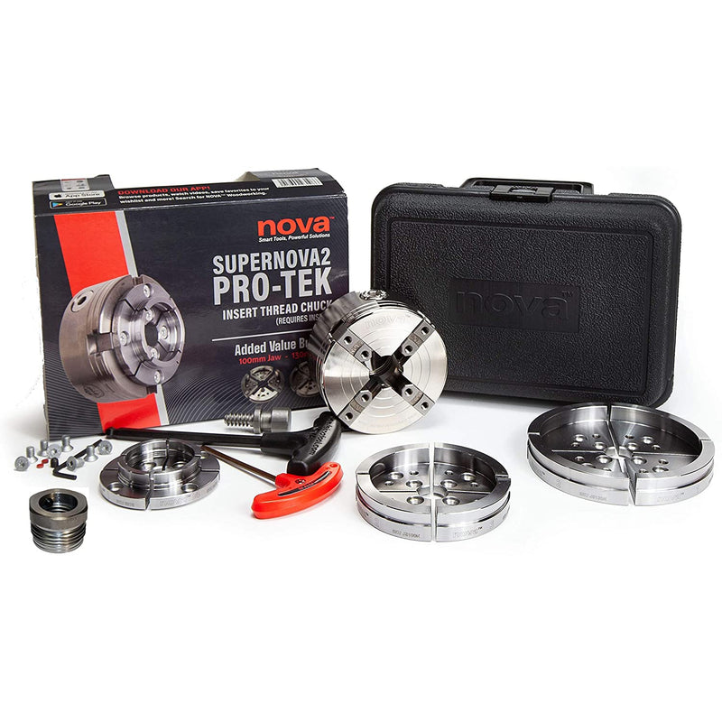 Nova 23108 Premier Pro-Tek Supernova 2 Chuck Bundle with Pro-Tek 2" Jaw Set, 4" Bowl Jaw Set, 5" Bowl Jaw Set, Woodworm Screw, Plastic Case & accessories