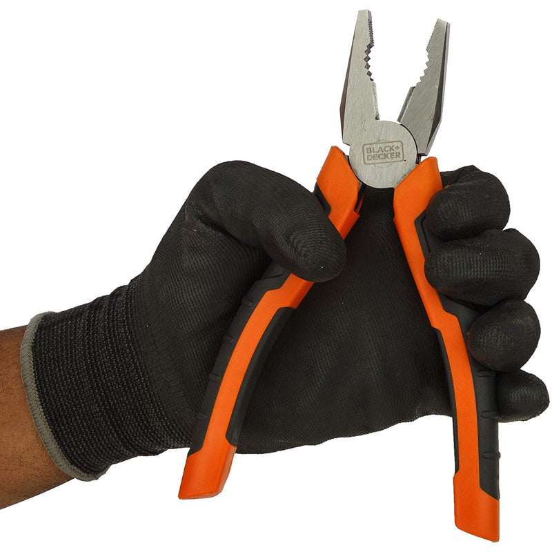 Black+Decker 180mm Bi-Material Steel Combination Pliers with Rubber Grip for Gripping, Twisting, Bending & Cutting Wire/Cable,