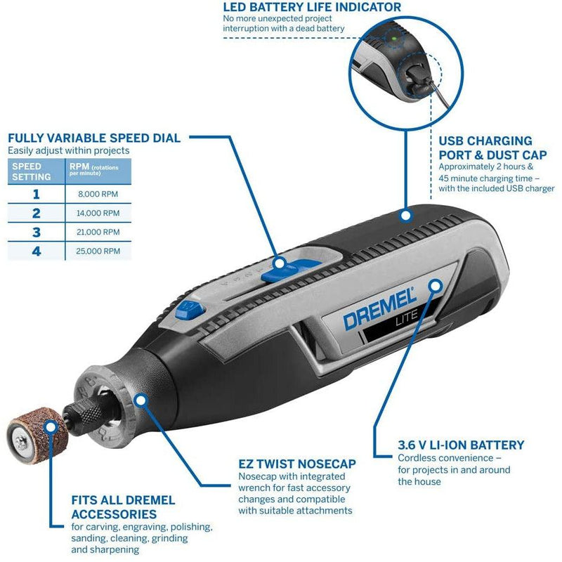 DREMEL® Lite 7760 Cordless Rotary Tool Li-Ion 3.6 V, Multi Tool Kit with 15 Accessories – Quick. Compact. All-round. اداة متعددة الاستخدامات من دريميل