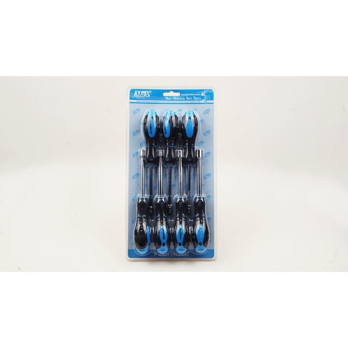 7 piece metric nut driver set with each handle marked for easy identification of nut driver size.